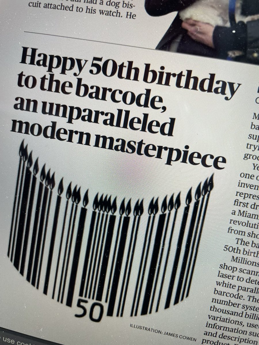 DominicBliss's tweet photo. Tomorrow is the 50th anniversary of the humble #barcode, invented by Joe Woodland. The first item ever scanned  at a till was a stick of Wrigleys chewing gum. #GS1Barcode50 https://t.co/NYxD54ghrY