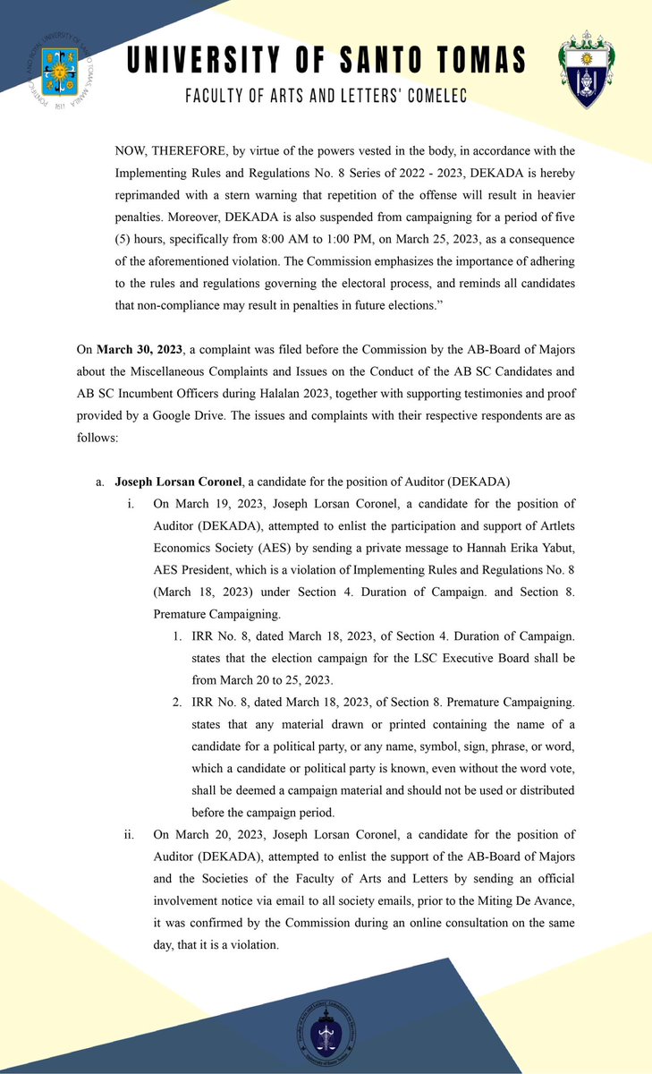 ABCOMELEC's tweet photo. The Commission recognizes the right of the student body to be informed. Thus, it is deem necessary to release a timeline of the course of events that occurred during the campaign and elections for the Academic Year 2023-2024. https://t.co/vVcLTNtphX