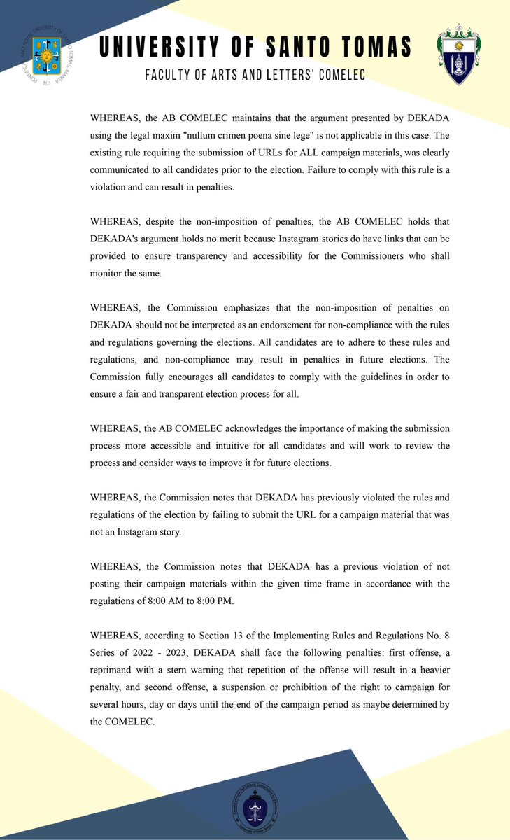 ABCOMELEC's tweet photo. The Commission recognizes the right of the student body to be informed. Thus, it is deem necessary to release a timeline of the course of events that occurred during the campaign and elections for the Academic Year 2023-2024. https://t.co/vVcLTNtphX