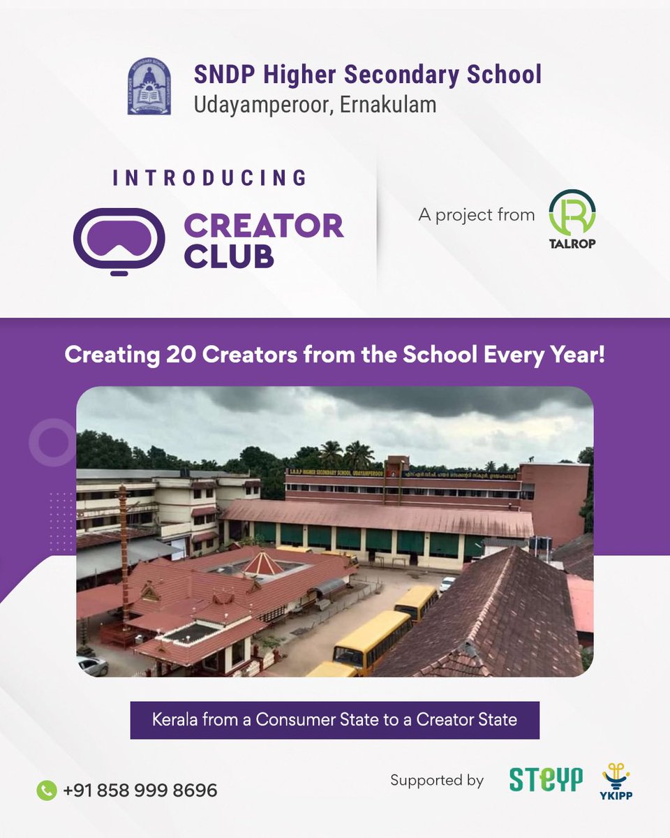 YkippOfficial's tweet photo. To transform Kerala from a consumer state to a creator state, Talrop is implementing Creator Club programme in selected 2,100 schools of Kerala.  

SNDP Higher Secondary School Udayamperoor, Ernakulam is pledging 20 creators from the school.

#talrop #ykipp #steyp #creatorclub https://t.co/LzCVK0y3zv