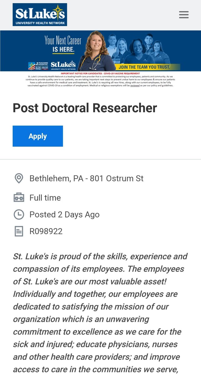 Postdoctoral Research Fellow, Clinical Trials
St Luke's University Health

*Prefers usmle completion

sluhn.wd1.myworkdayjobs.com/en-US/SLUHN/jo…

#MedTwitter #MedStudentTwitter #MedEd #MATCH2023 #MATCH23  #PathMatch2023  
#GenSurgMatch23

#SOAP2023 #SOAP23 
#IMG #IMGs #paths2match