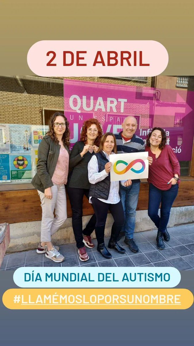 Buenas tardes, 
El día 2 de abril es el #DíaMundialAutismo y queremos adherirnos a la campaña #LlamémosloPorSuNombre, que consiste en publicar en las redes sociales una foto con el símbolo del infinito. + info en diamundialautismo.com #QuartdePoblet