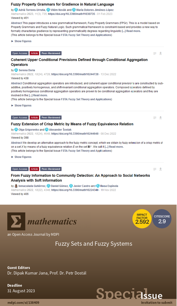 MathematicsMDPI's tweet image. #Mathematics #callforreading
All the papers in Special Issue "FSTA: #Fuzzy_Set Theory and Applications" have been finalized.
Welcome to read at: mdpi.com/si/mathematics…
A related SI that is open for submission: mdpi.com/si/mathematics…
@MDPIOpenAccess @ComSciMath_Mdpi