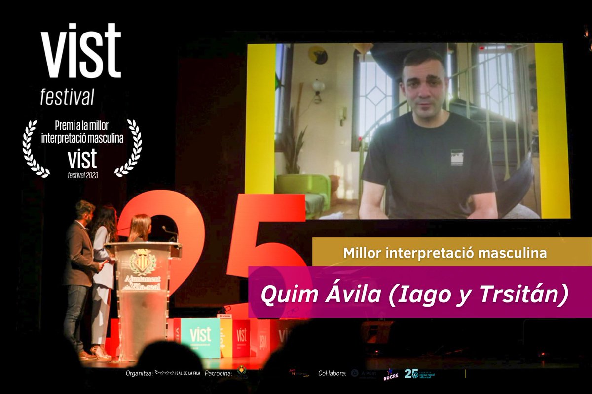 El premi a #millorinterpretaciómasculina és per a <a href="/QuimAvila/">Quim Avila</a> pel seu treball en ‘Iago y Tristán’.
El premi el va anunciar <a href="/joanachilet/">Joana Chilet</a>, membre del jurat. El protagonista ens va enviar un missatge molt especial.
Enhorabona!
#vist #vist2023 #vistfestival #festivaldecine