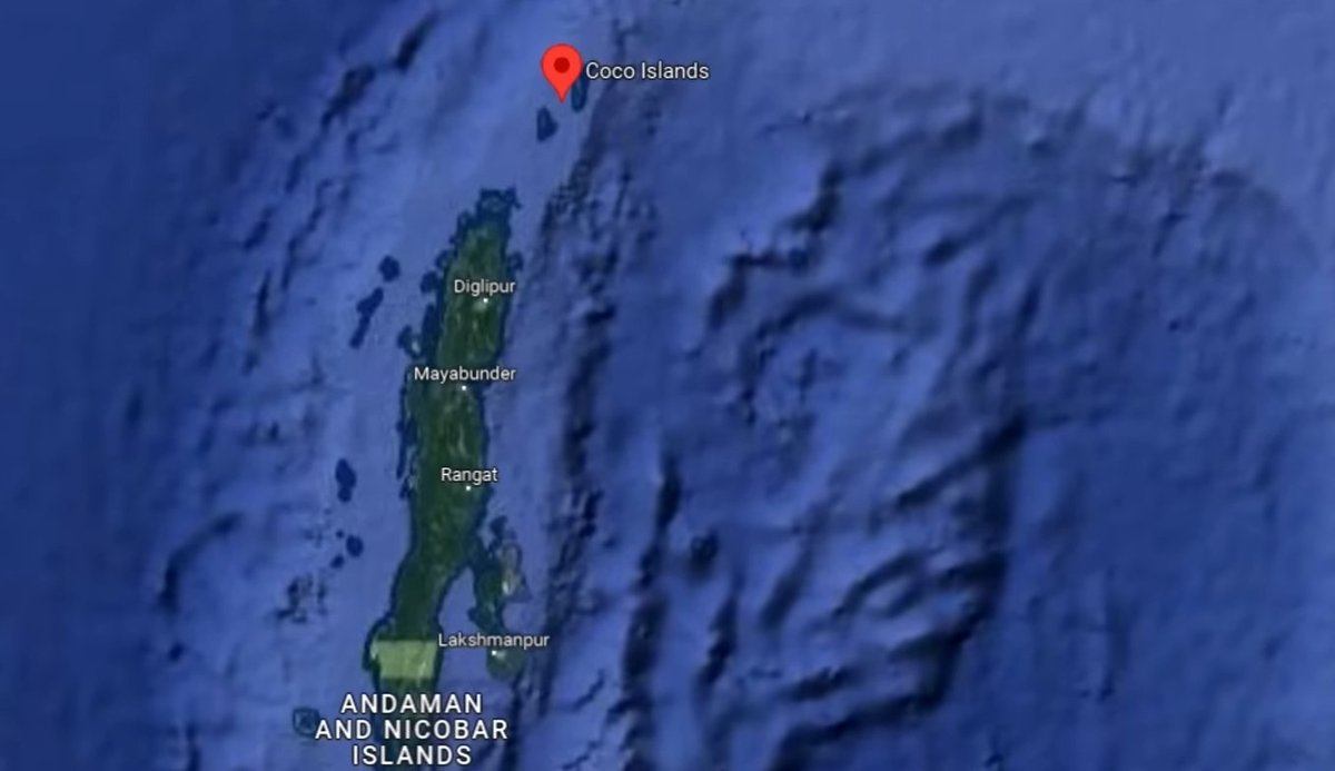ByRakeshSimha's tweet photo. The little island marked in red is Coco Island, which was given to Myanmar by Jawaharlal Nehru. Today, the Chinese are building an airbase there. Coco Island is just 55 km north of Andaman Island where India plans to have a new Naval Command. Blunders of the Nehru Gandhi family will continue to haunt India for decades.