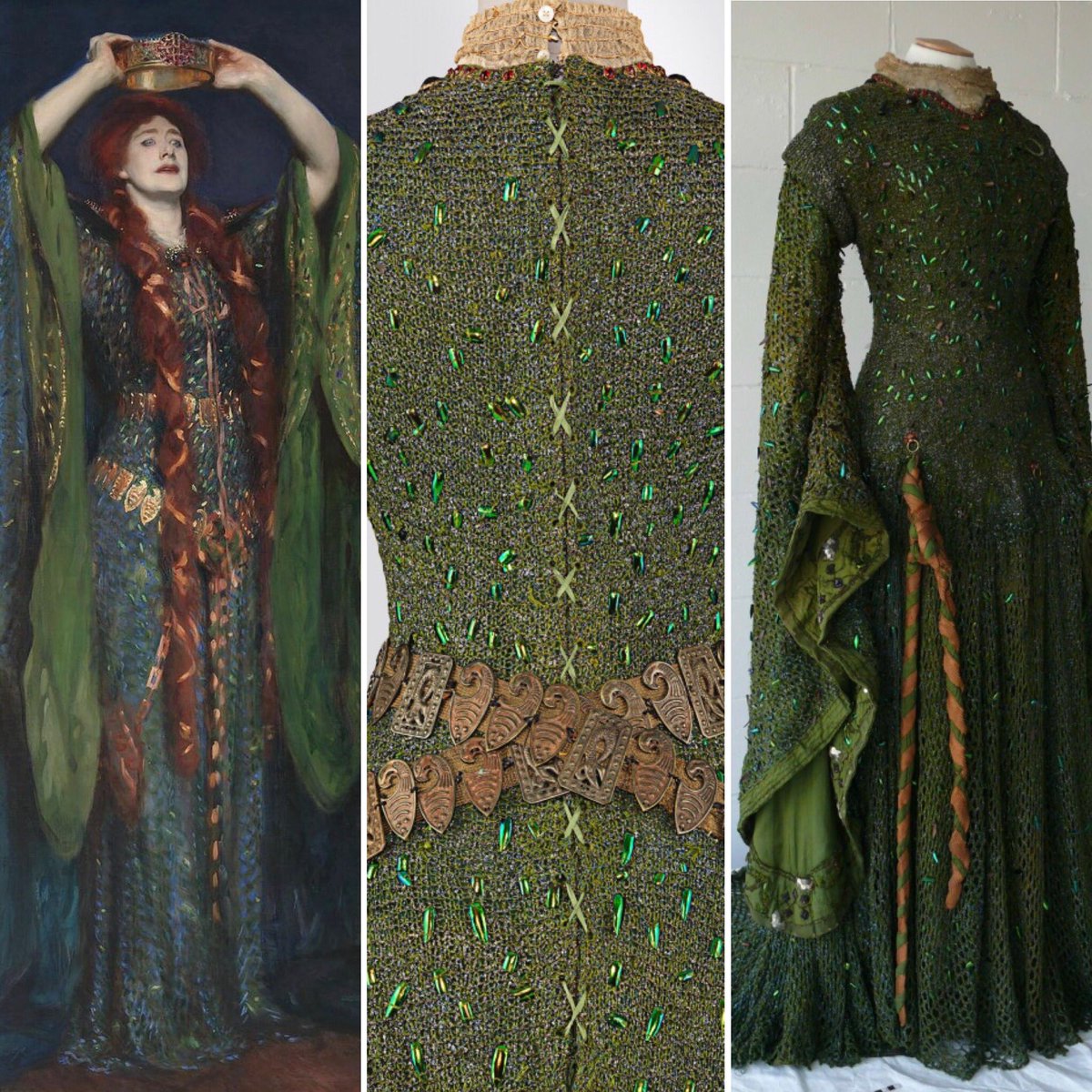 frome_maude's tweet image. Ellen Terry’s famous Lady Macbeth “beetle wing” dress was designed for her by Alice Comyns Carr &amp;amp; was first worn on stage in Dec 1888. Meant to invoke fear, the addition of 1000 beetle wing cases created the effect of scales. Recently restored. #ShakespeareSunday #FolkloreSunday