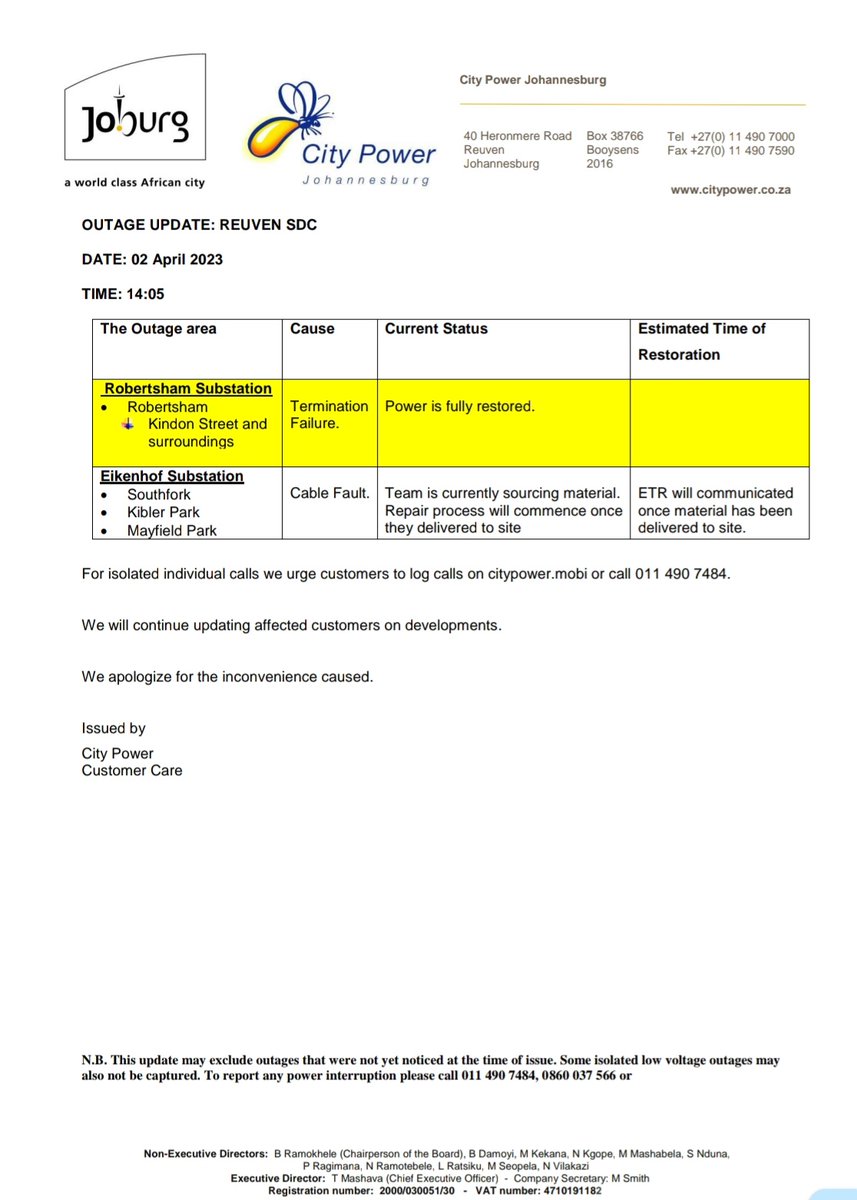 CityPowerJhb's tweet photo. #Update
#ReuvenOutages
Power is fully restored #RobertshamSub ^HN https://t.co/aiUDAjoYI0