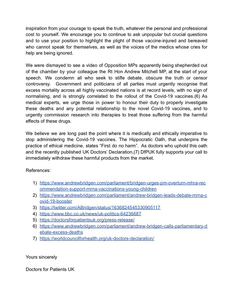ABridgen's tweet photo. A letter I received today. Much appreciated support from Doctors for Patients for my efforts to raise the issues of vaccine harms and vaccine deaths and the risk/benefits of these experimental treatments.
https://t.co/NXkvhO8L7s https://t.co/EmO4z7dLpX