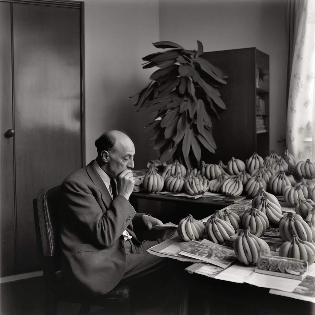 Rare image of composer Arnold Schoenberg in his office with lots of bananas, L.A. 1937 probably