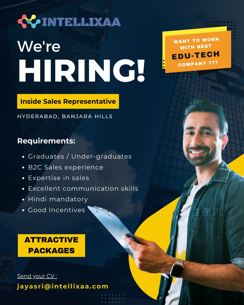 #Hiring Inside Sales Representative
#Location - #hyderabad, #banjarahills
Get a chance to work with the best #edutech company in #India
Interested ones can share their CVs #mail at jayasri@intellixaa.com
#insidesales #graduate #undergraduate #b2csales #sales #job #openings #hindi