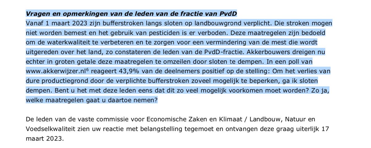 PvdD_EK's tweet image. Akkerbouwers dreigen massaal sloten te dempen om zo de verplichte #bufferstroken te omzeilen. Dit mag (uiteraard) niet zomaar, zo schrijft minister Adema in vragen hierover van onze fractie. 

#Waterschappen, het is aan jullie om dit goed in de gaten te houden.

#derogatie #mest