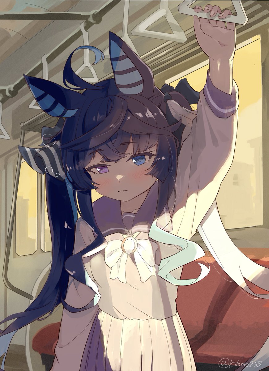 twin turbo (umamusume) 1girl animal ears train interior horse ears solo twintails arm up  illustration images