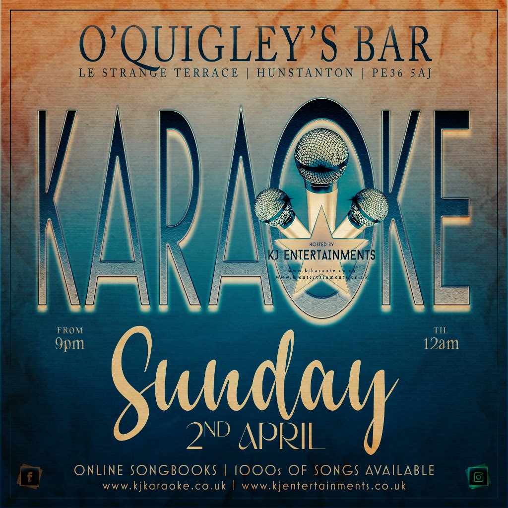 KJKaraoke's tweet photo. .•♫•♬• KARAOKE •♫•♬•

Sunday 2 April
O'Quigley's Bar, Hunstanton
9pm

Visit https://t.co/scsm0IOaPO for more info 👨‍🎤 https://t.co/ggdmY7ZBZ3