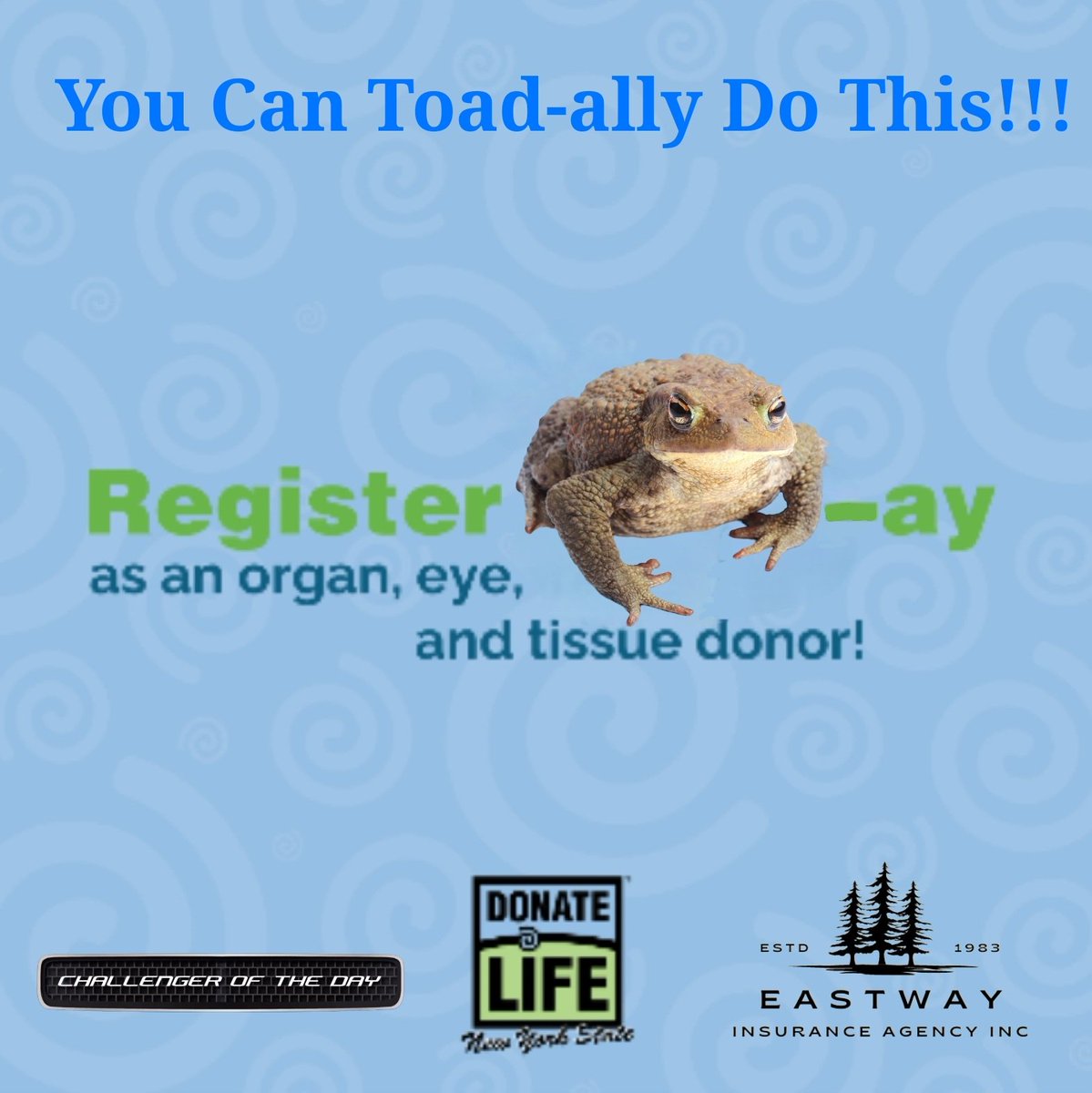 EastwayAgency's tweet photo. You know what’s toad-ally cool? Registering as an organ, eye, and tissue donor. During National #DonateLifeMonth, join me in helping save and heal lives. Register at Link in Profile⬆️ https://t.co/vFbJU8BXY6. #DonateLifeNYS #DonateLife #LiveForward #GiveForward #BeTheOne https://t.co/3GCsienhfL