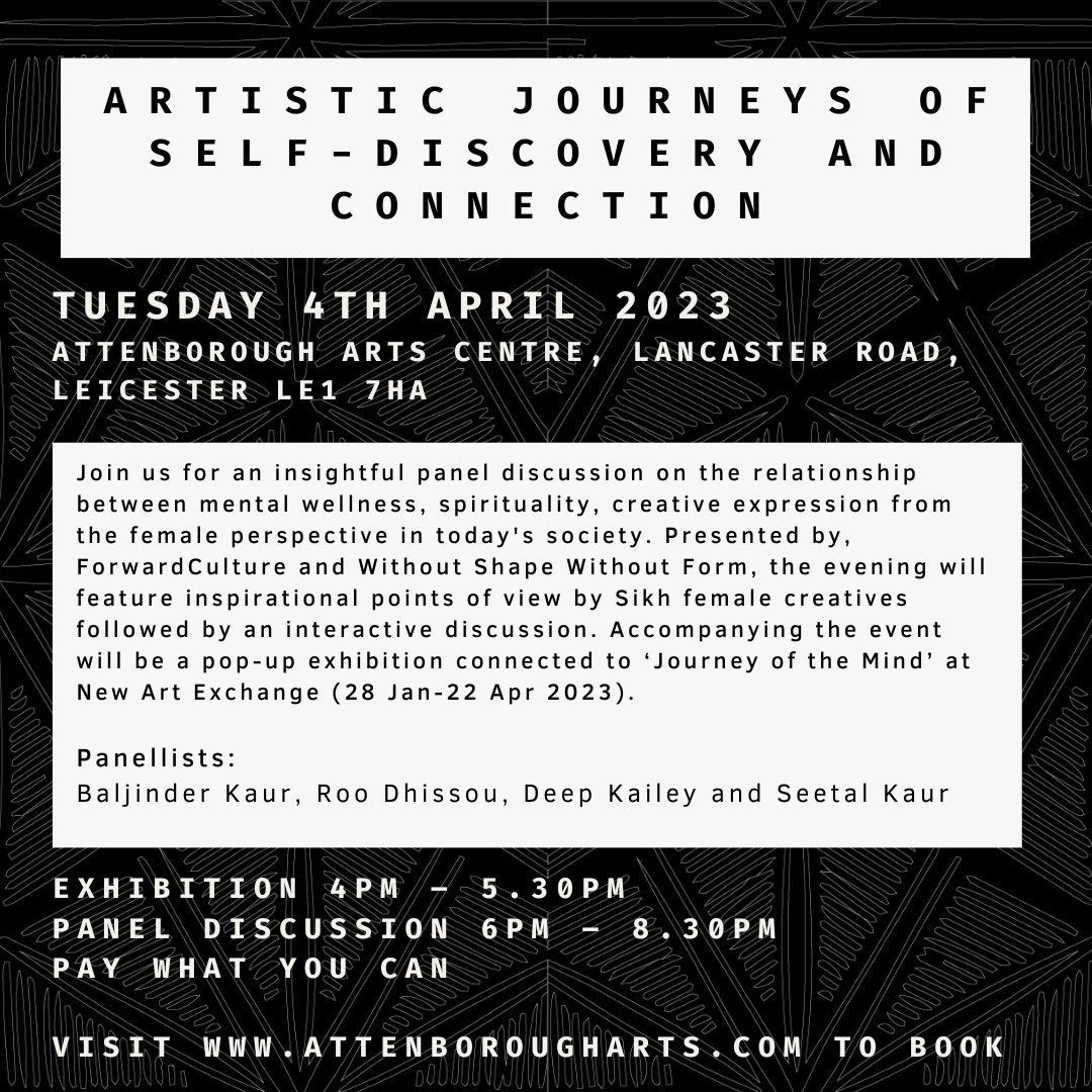 Seetal (@seetal_) on Twitter photo Looking forward to Tuesday evening (4/4/2023) where I’ll be chairing a discussion all about spirituality, wellbeing and creativity with 3 incredible brown women <a href="/AttenboroughAC/">Attenborough Arts Centre</a> ! 🙇🏽♀️
Join us, book now and pay what you can: attenborougharts.com/whats-on/art-o… Looking forward to Tuesday evening (4/4/2023) where I’ll be chairing a discussion all about spirituality, wellbeing and creativity with 3 incredible brown women <a href="/AttenboroughAC/">Attenborough Arts Centre</a> ! 🙇🏽♀️
Join us, book now and pay what you can: attenborougharts.com/whats-on/art-o…