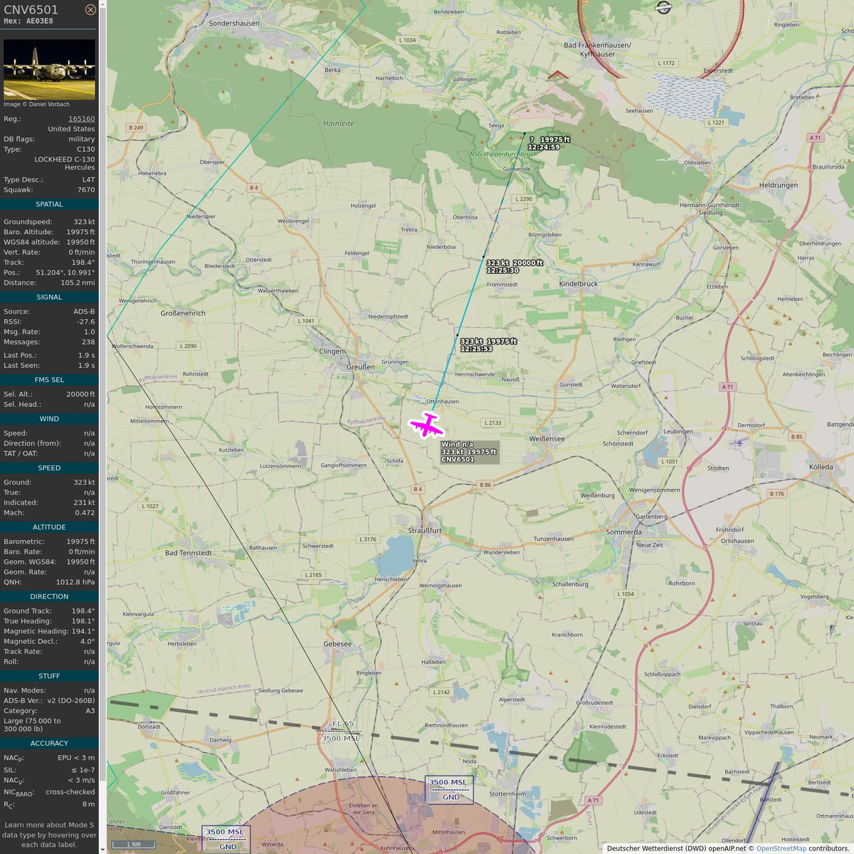 #PlaneAlert ICAO: #AE03E8 Tail: #165349 Flt: #CNV6501 
Owner: #UnitedStatesNavy
Aircraft: #C-130T Hercules
2023/04/02 14:26:05
#C130 #Cargo #AbsoluteUnit #TacticalAirlift navy.mil 
globe.adsbexchange.com/?icao=AE03E8&s…