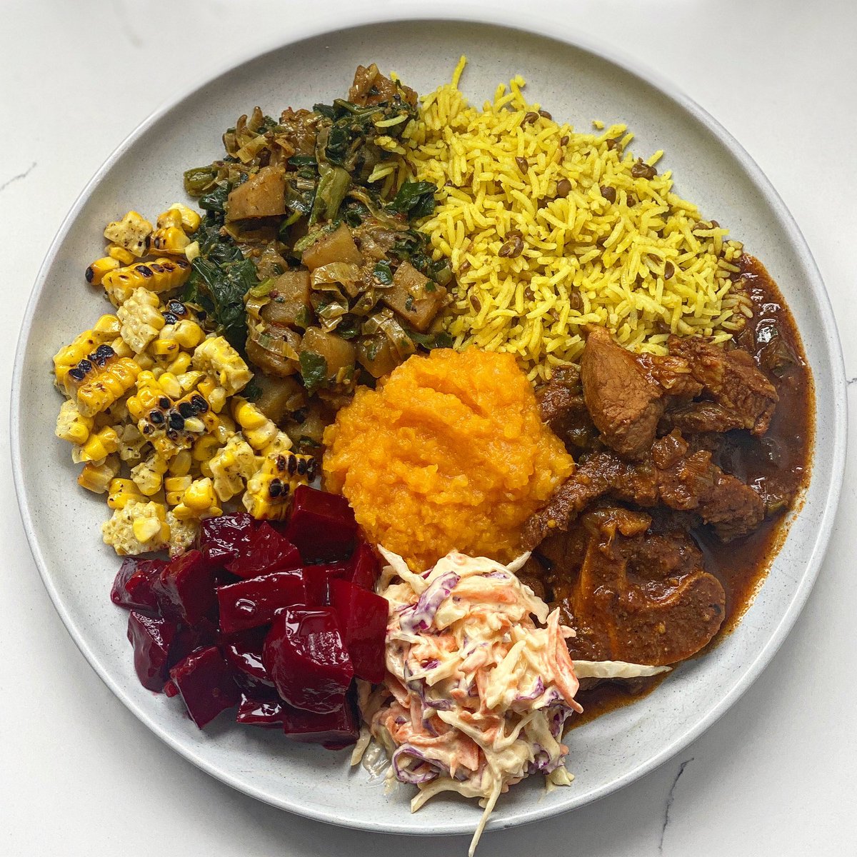 zola_nene's tweet photo. SIMPLY ZOLA SUNDAY
.
What’s on my plate…
- Lentil & turmeric Rice
- Pork Stew
- Coleslaw
- Sweet Potato & Butternut Mash
- Beetroot
- Charred Corn with Pesto Dressing
- Spiced Potato & Spinach
.
.
#zolanene #simplyzolasunday #simply7colours #severalcolours #sundaylunch #food https://t.co/2G8JkZVjB6