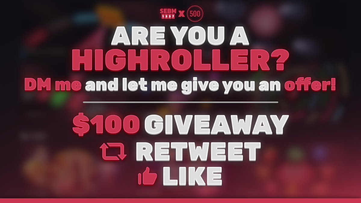 SEBM1337's tweet photo. ➡️ RT + LIKE for 100$

Are you a highroller, playing anywhere else than @CSGO500? Please DM me and let me offer you an extra bonus ON TOP of all my exclusive rewards.

With my exclusive leaderboard, level up reward, all 500 has to offer we're talking about 2-4% of the RTP back 😳 https://t.co/yaAK1uWOYg