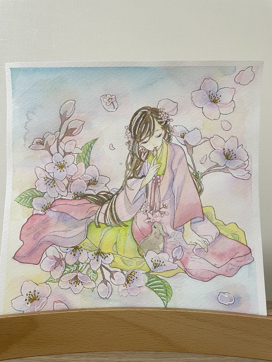 chocolat_water's tweet photo. 今年はお花見があまりできなかったので桜の絵をもうひとつ塗りました🌸
色をいっぱい滲ませて塗ったのが楽しかったです！
線画は友風子さん(@yufushi )です！
※メンション失礼します
#透明水彩
 #ぬりえ 
#友風子ぬり絵セット2 https://t.co/rBclH42bEG
