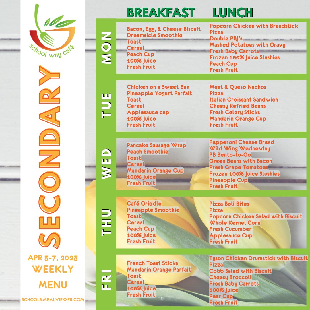 SWC_Volusia's tweet photo. 🌷 Hello April! 🌷 Our school lunch menu for the first week of April is now available! From Chicken Sandwiches to Cobb Salads, we've got delicious and nutritious meals planned just for you! Don't forget to grab your tray! 🍽️ #schoollunch #aprilmenu #yum @volusiaschools @vccpta https://t.co/f0ezIpN0Ix