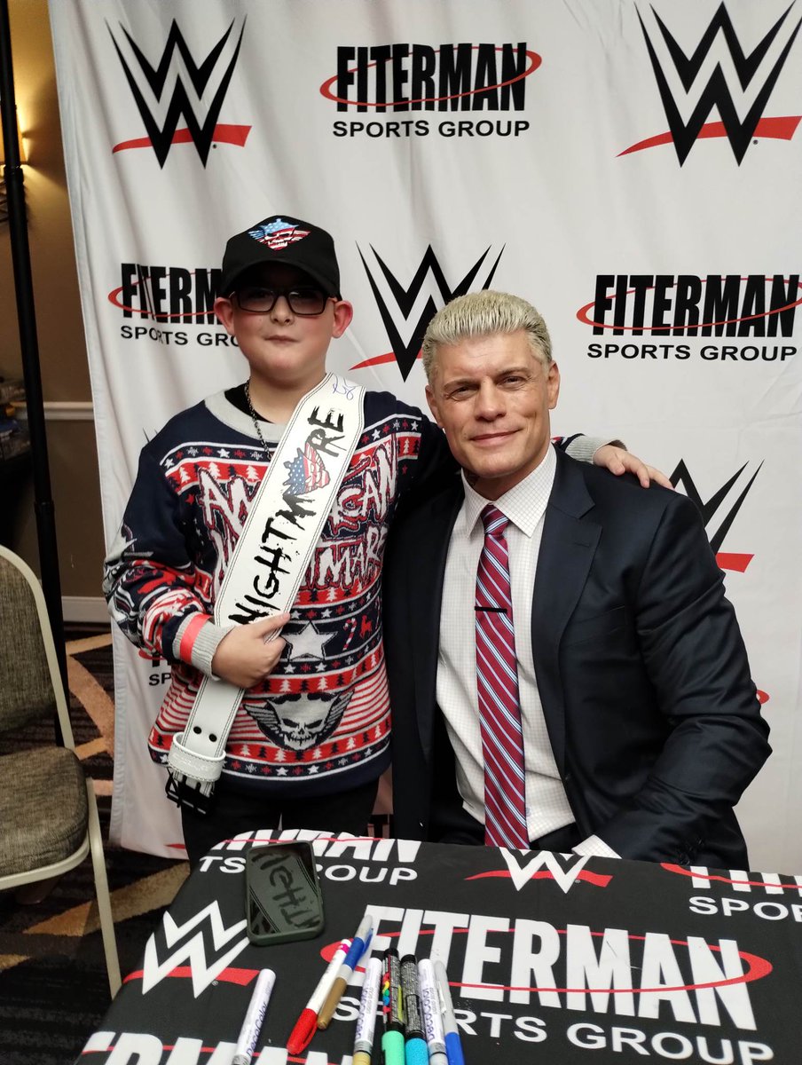 GregBoxcave's tweet photo. @CodyRhodes my good friend doesn't have Twitter so she let me post this. This a picture of you and her son Mikey. We are in your corner #WrestleMania https://t.co/Uk7Gyz0Xmi