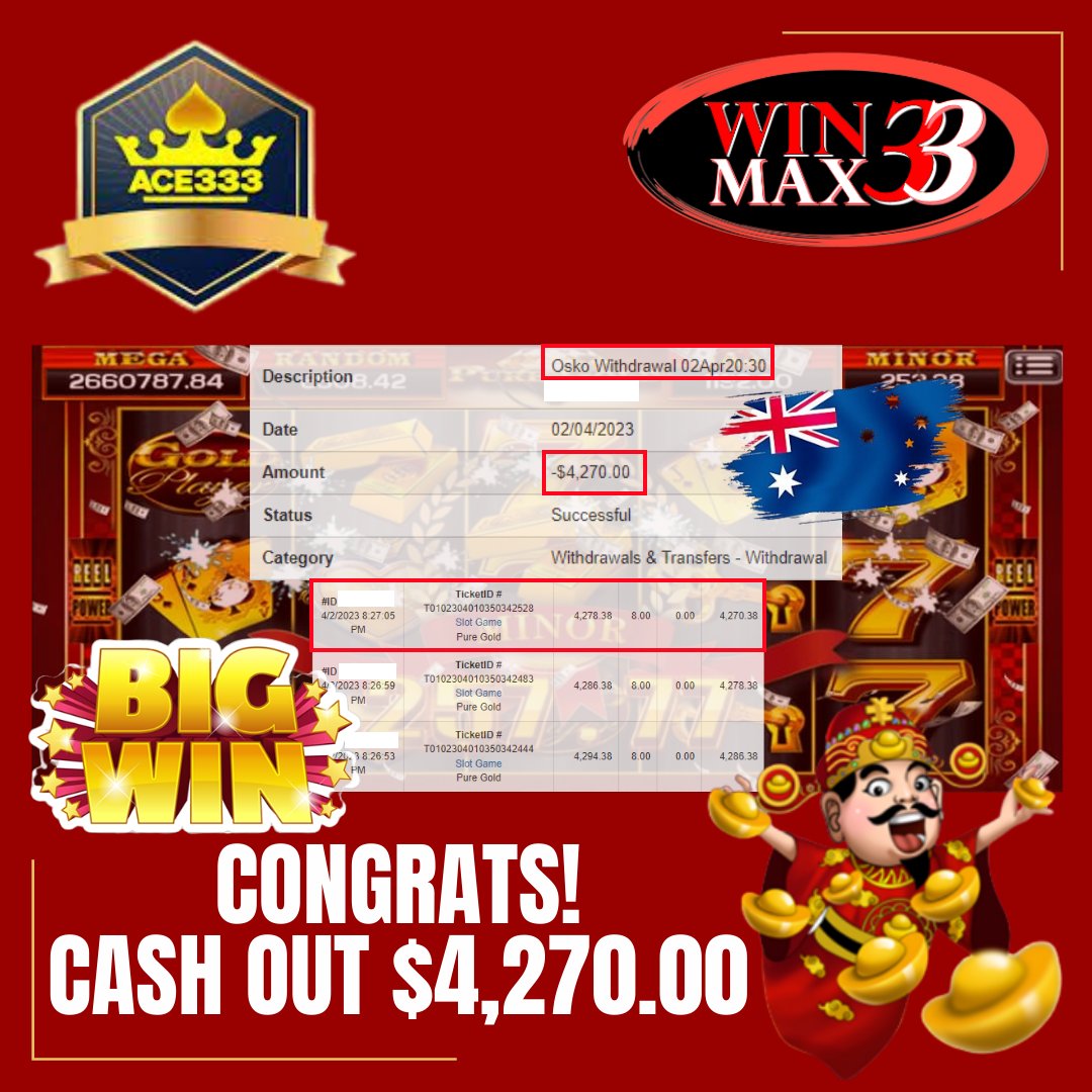 winmax_33's tweet photo. 🎉 Congrats To Our Member Play <Pure Gold> On <Ace333> Get Withdraw $4,270.00 AUD‼️

Still Looking For Trusted &amp; Safest Online Casino Company❓
🇦🇺 Winmax33💫 Is The Best Choice For You

Come Join Us And Win Now‼️

⬇️Customers Service 1 :https://t.co/UjzYDurPB4 https://t.co/HeLgMGOs7N