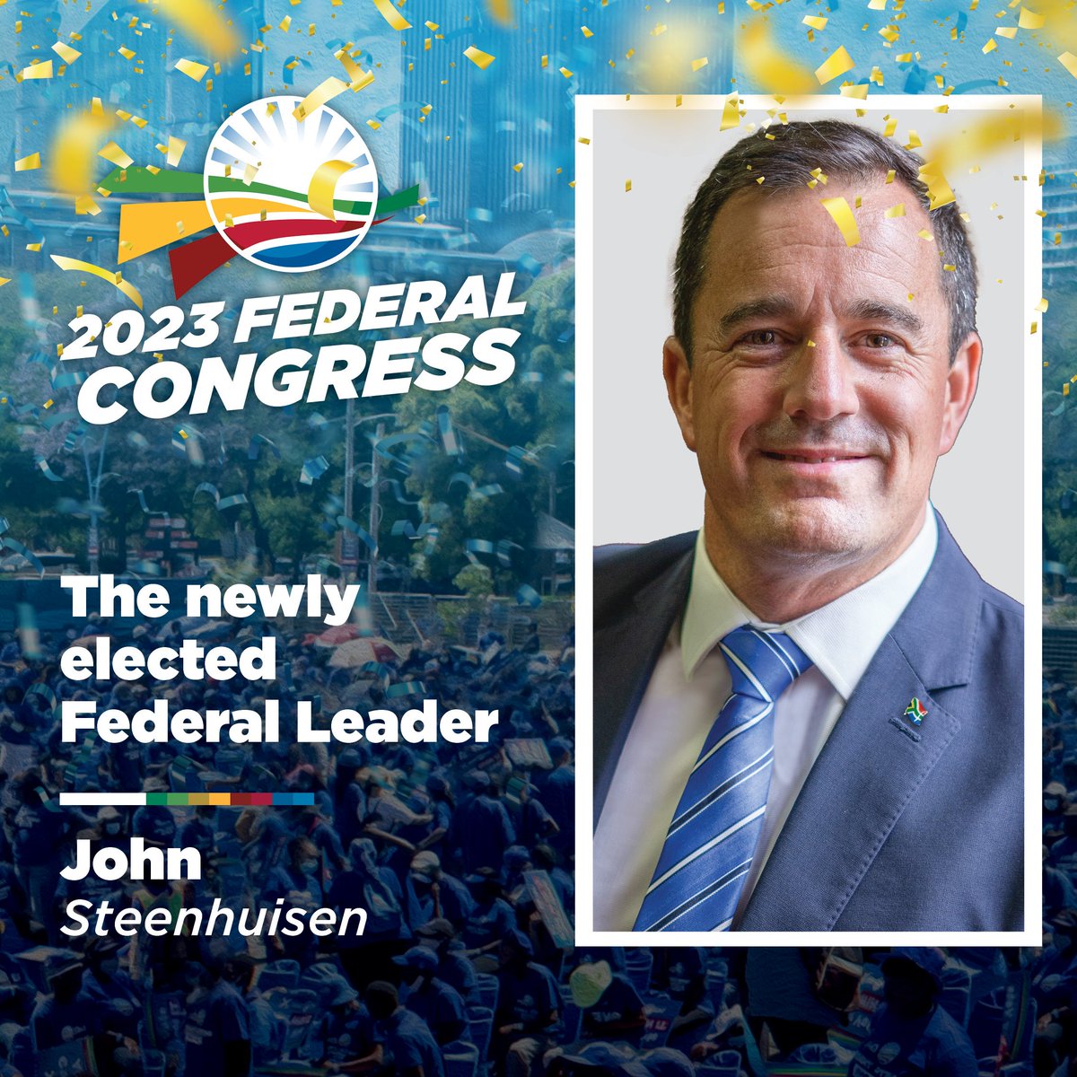 Our_DA's tweet photo. The duly elected federal leader of the DA is John Steenhuisen 🎉

The Leader will lead us into 2024 as we work to build a new national government.

Only a strong DA can build a better future in South Africa! 🇿🇦

#DAcongress2023 https://t.co/FcWyK5rc9b