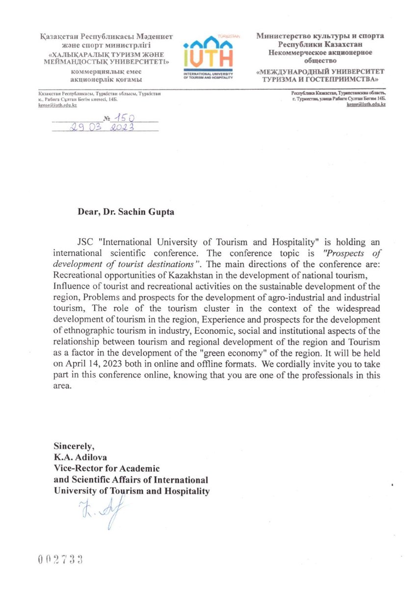 Honoured to receive an invitation to deliever a session on Digital Entrepreneurship &amp; Creative Industries on Toursim in International Conference “Prospects of development of Tourists desitnations” International University of Tourism and Hospitality, Kazakhstan,  April 14th, 2023