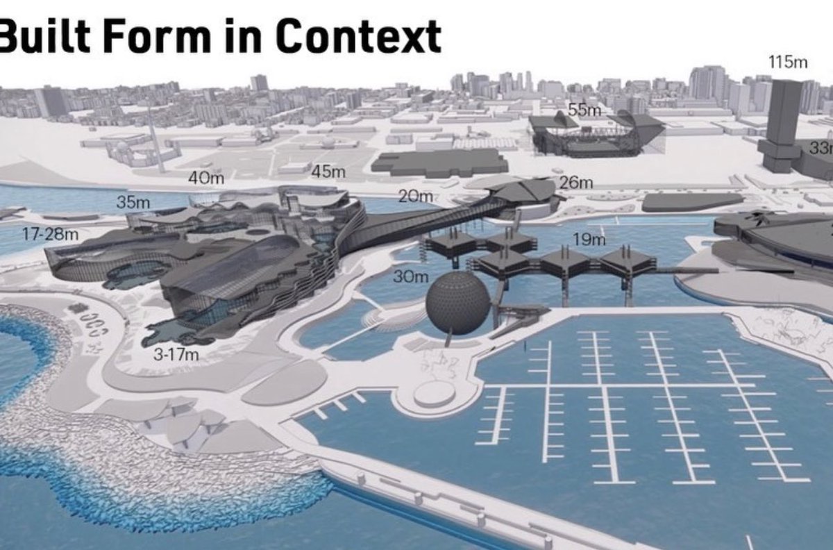 This is what Therme’s ads don’t want you to see; their fortress on the lake, blocking views of the Ontario Place Cinesphere and Pods, clearcutting Michael Hough’s landscape architecture along with 850 trees. #topoli #onpoli