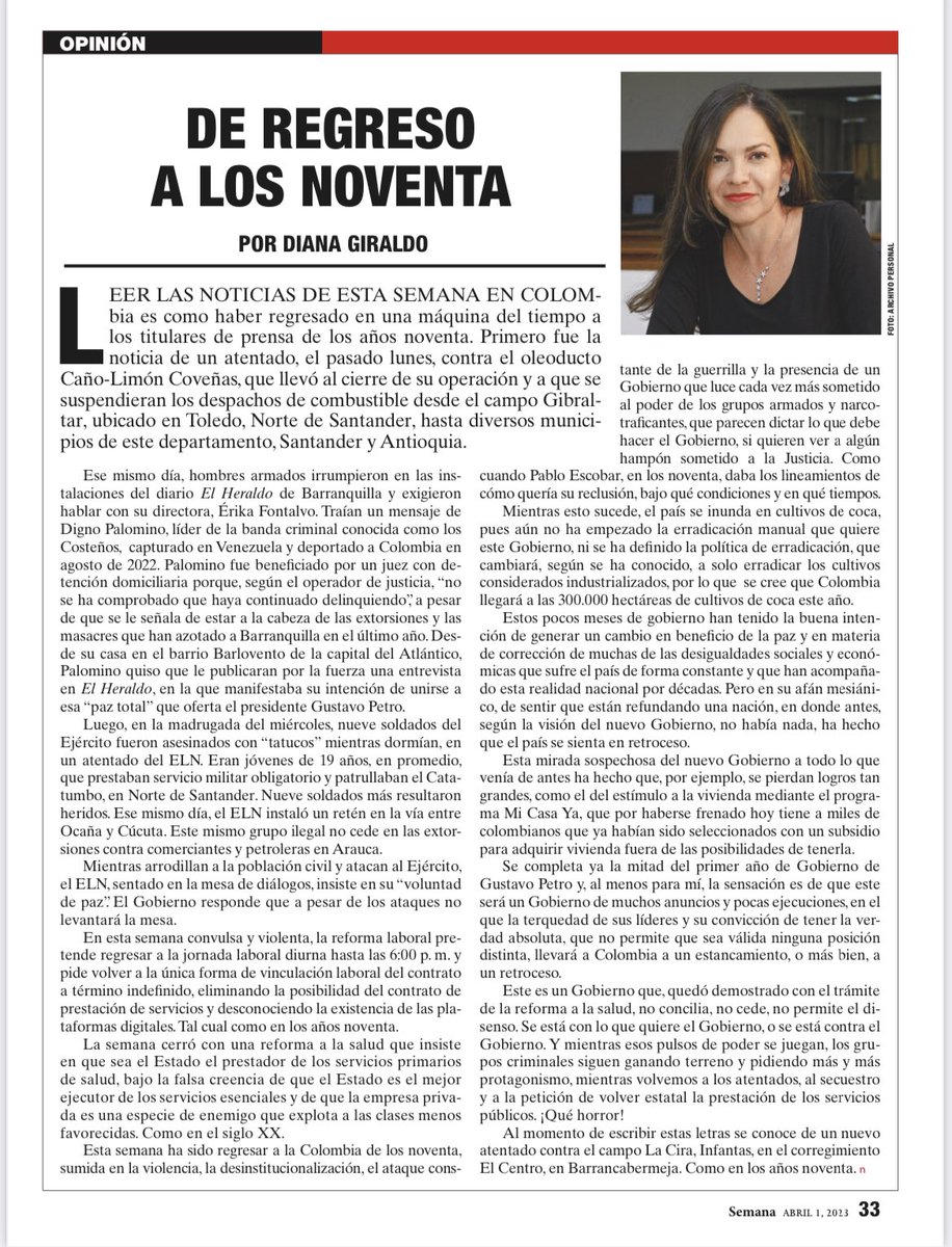 DianaSaray's tweet photo. Leer las noticias de esta semana es regresar a la Colombia de los noventa, donde se atentaba contra oleoductos, se amenazaba a la prensa, los soldados eran asesinados con tatucos, los narcos imponían sus condiciones de reclusión y era el Estado quien prestaba servicios públicos https://t.co/arbPsB3XeO