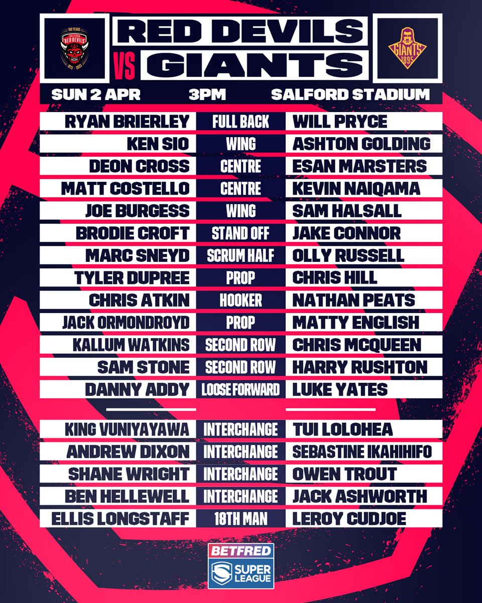 SuperLeague's tweet photo. Your @SalfordDevils vs @Giantsrl team news... 👇

#SuperLeague #SLSalHud https://t.co/lcLJLKXpum