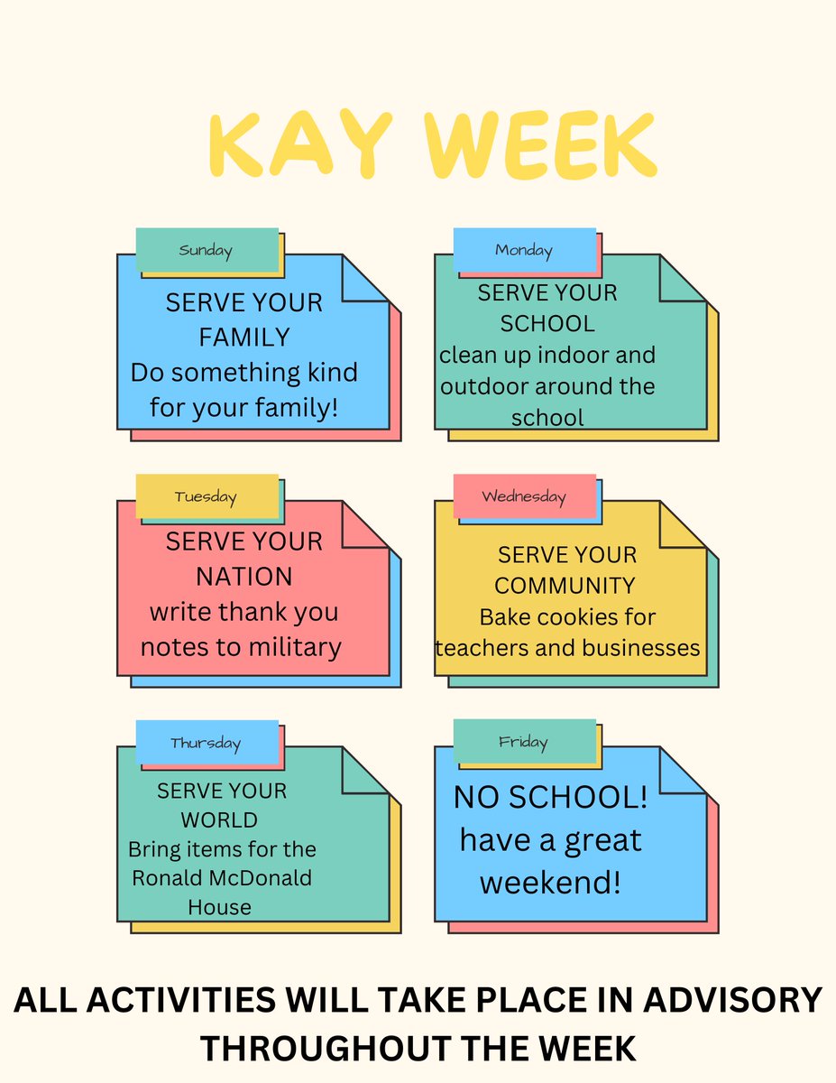 HHSKAYS's tweet photo. Good Morning Starting today we will be celebrating HHS KAY week. We ask that you try to participate in each of these! Service above self! https://t.co/DOsVBQvT2B