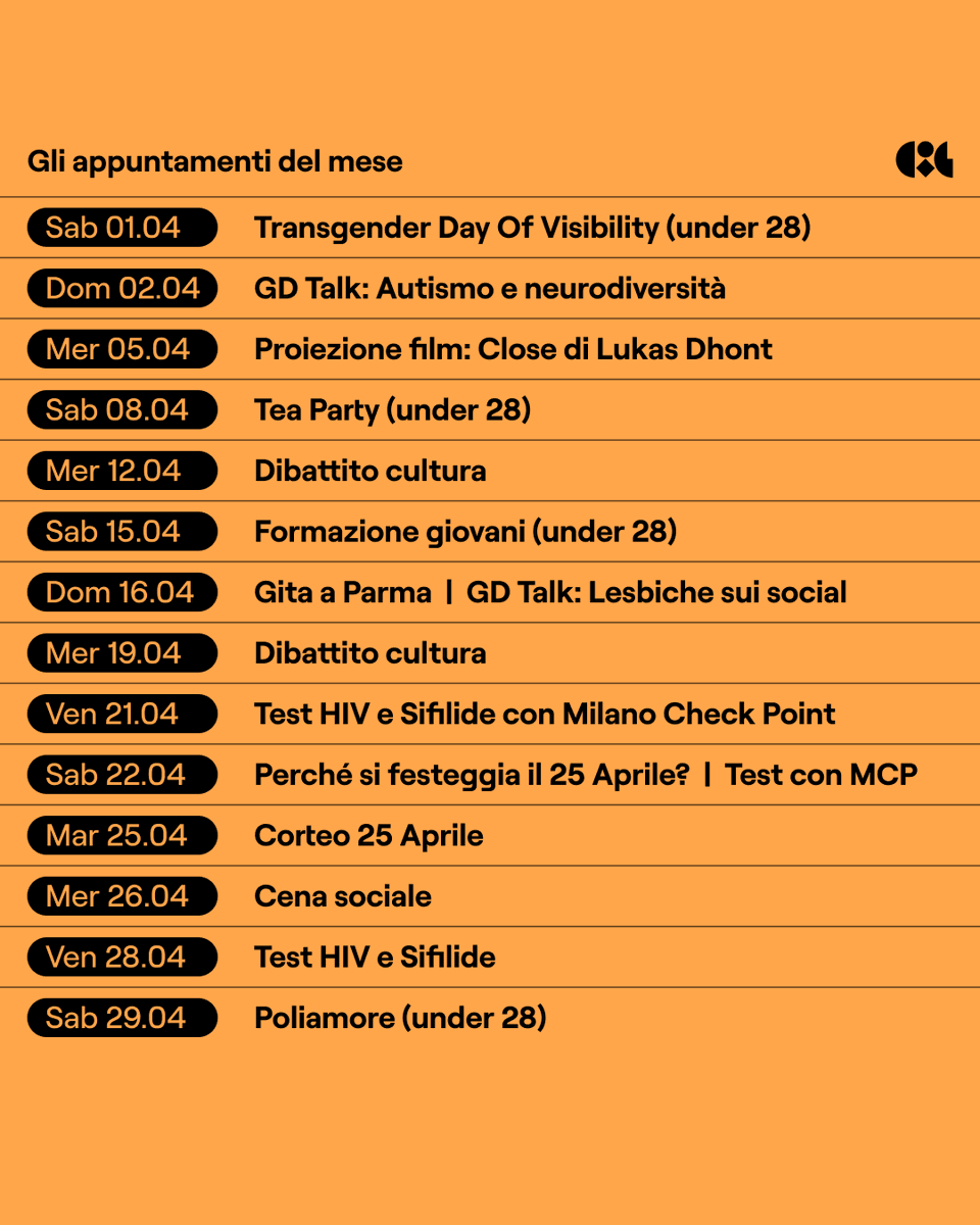 Cosa succede questo mese al CIG? Il calendario di aprile ospita un approfondimento sulla neurodiversità, un film premiato a Cannes, un confronto under 28 sul poliamore, gli eventi del 25 Aprile, i test salute e molto altro arcigaymilano.org/tutti-gli-even… #cigarcigaymilano #milanoLGBTQ