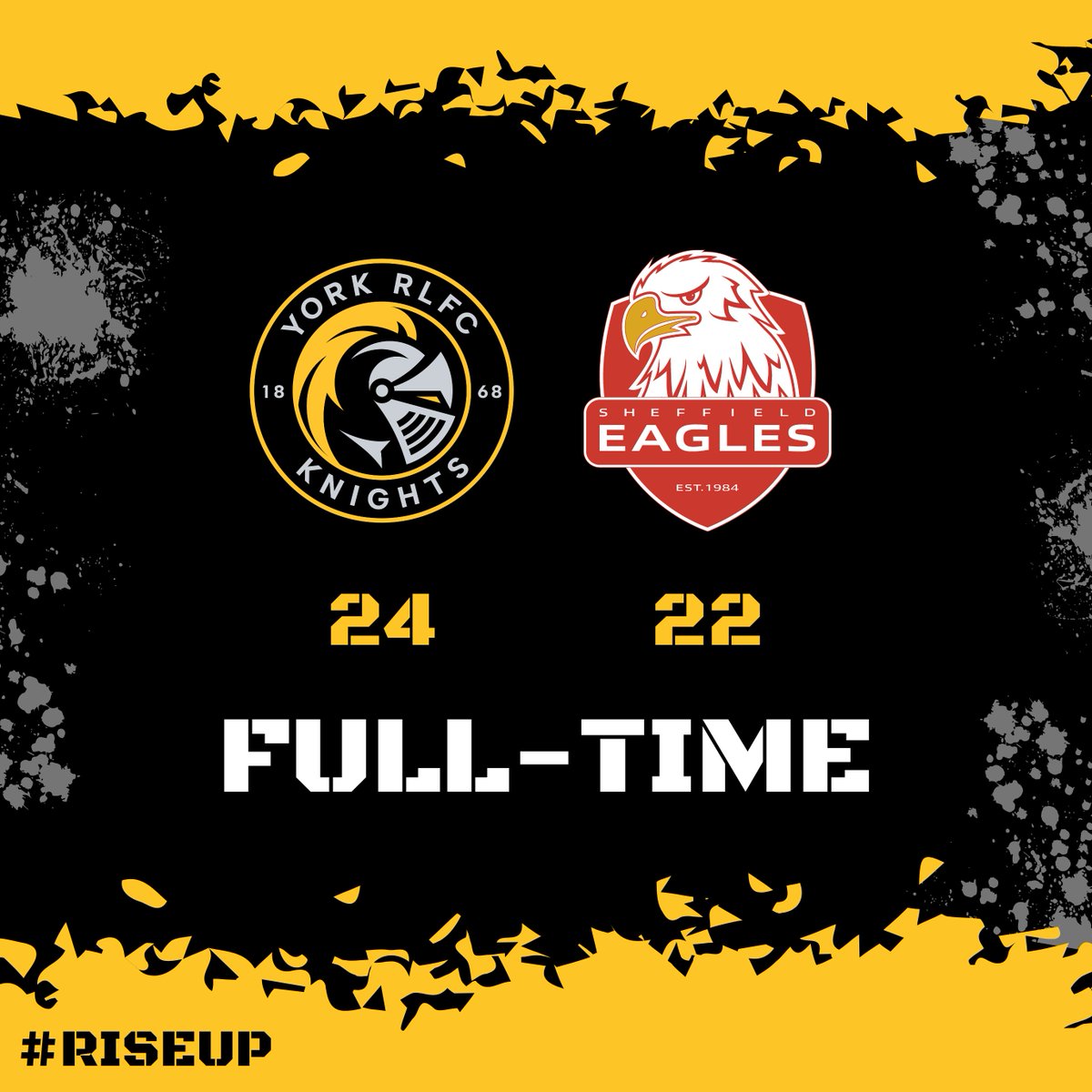 𝙁𝙐𝙇𝙇-𝙏𝙄𝙈𝙀: York Knights 24-22 Sheffield Eagles 

The Knights have done it! Despite spending 50 minutes down to 12 men, York hang on to book their place in the next round of the <a href="/Betfred/">Betfred</a> <a href="/TheChallengeCup/">Betfred Challenge Cup</a>!  

#RiseUp | #WeAreYork