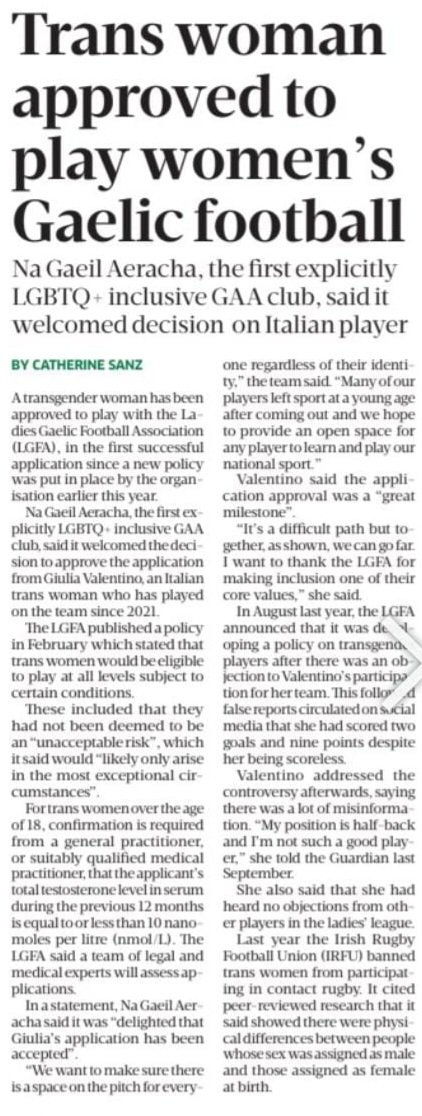DLoughrey83's tweet photo. I'm hoping this is an April Fool, but unfortunately, it is not. I'm so disappointed with @LadiesFootball. 
It would seem now that the policy was only introduced to legally allow Giulia to play...
Shame on you, #LGFA 
#SaveWomensSports https://t.co/g5ORy0s6eT