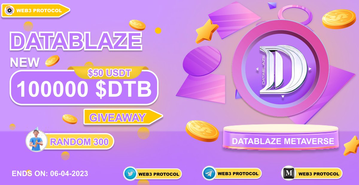 🎉Web3 Protocol X  Datablaze Giveaway

🏆Prize Pool:- 100000 $DTB + $50 USDT

To Enter:- 
✔️Follow  <a href="/Web3_Protocol/">Web3 Protocol</a> &amp; @DataBlazeGame
✔️Like and RT 3 friends
✔️ Fill form :- giv.gg/datablaze

#Airdrop #Giveaway #Giveaways #Airdrops #datablaze