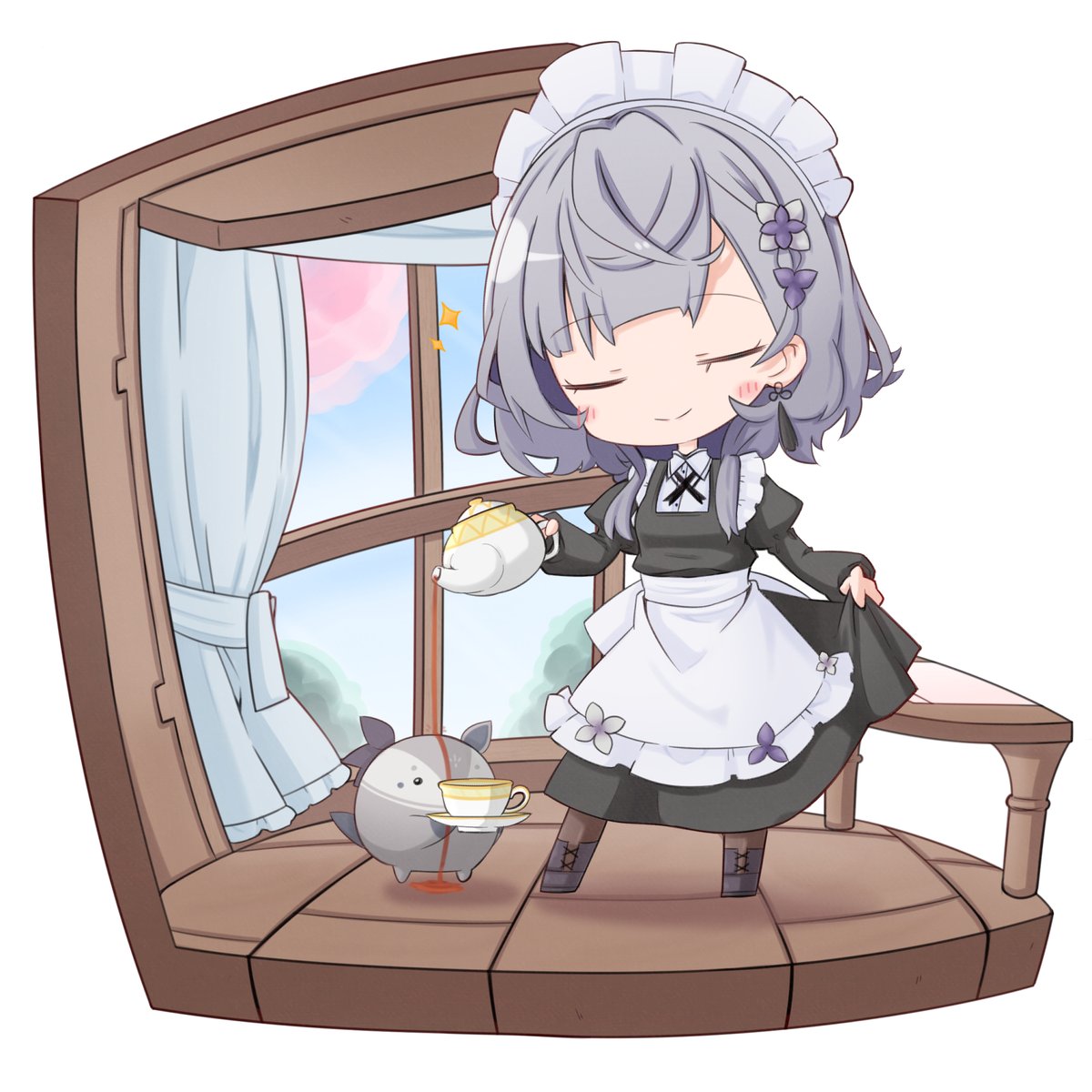 1girl maid maid headdress grey hair teapot teacup closed eyes  illustration images