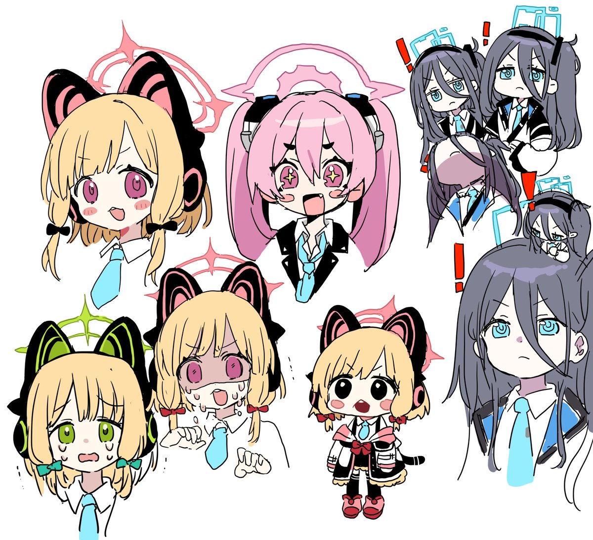 aris (blue archive) ,midori (blue archive) ,momoi (blue archive) multiple girls halo blue necktie animal ears fake animal ears animal ear headphones necktie  illustration images