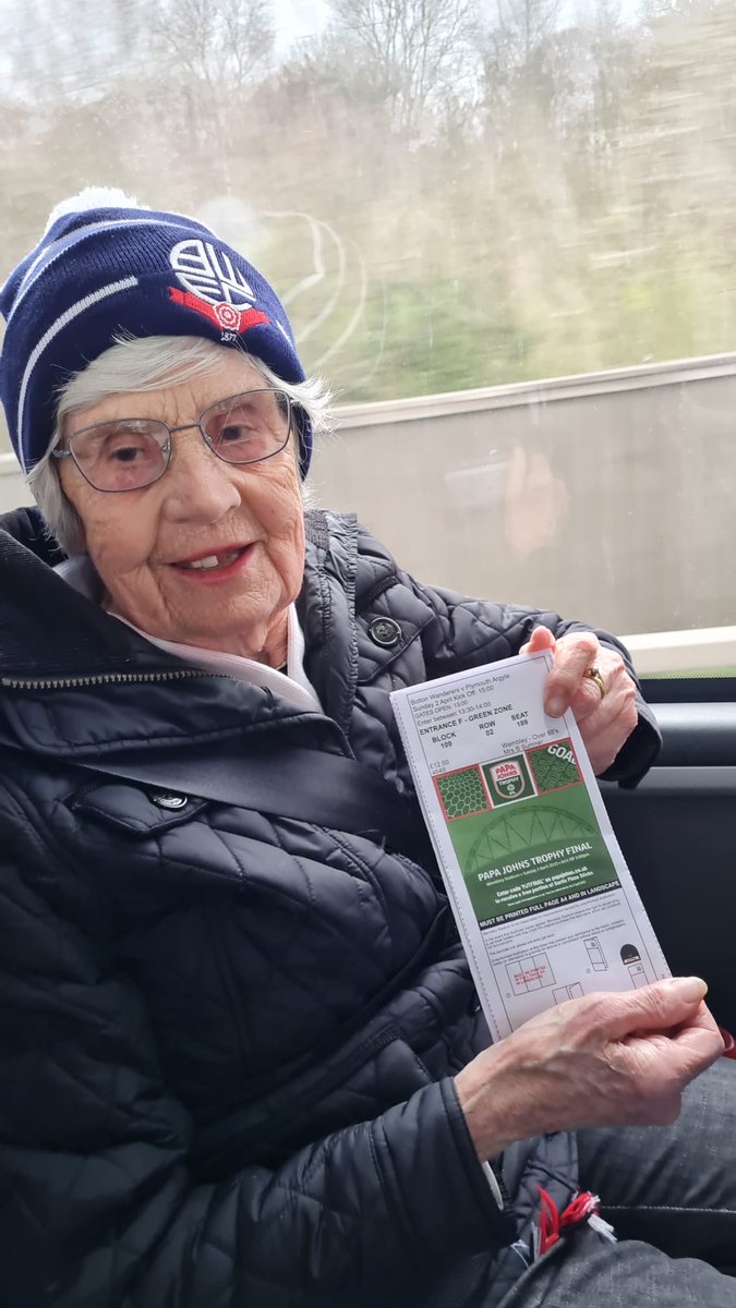 #WanderersAtWembley Brenda, on her way to Wembley this morning, she went to her first match aged 10 and has supported them and has been going to matches ever since.