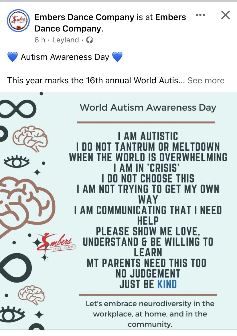 I love the fact the Isaac’s dance school celebrate &amp; welcome everyone regardless. It is one big dance family. Thank you 😊 <a href="/EmbersDC/">Embers Dance Company</a> #AutismAcceptanceDay #Neurodiversity