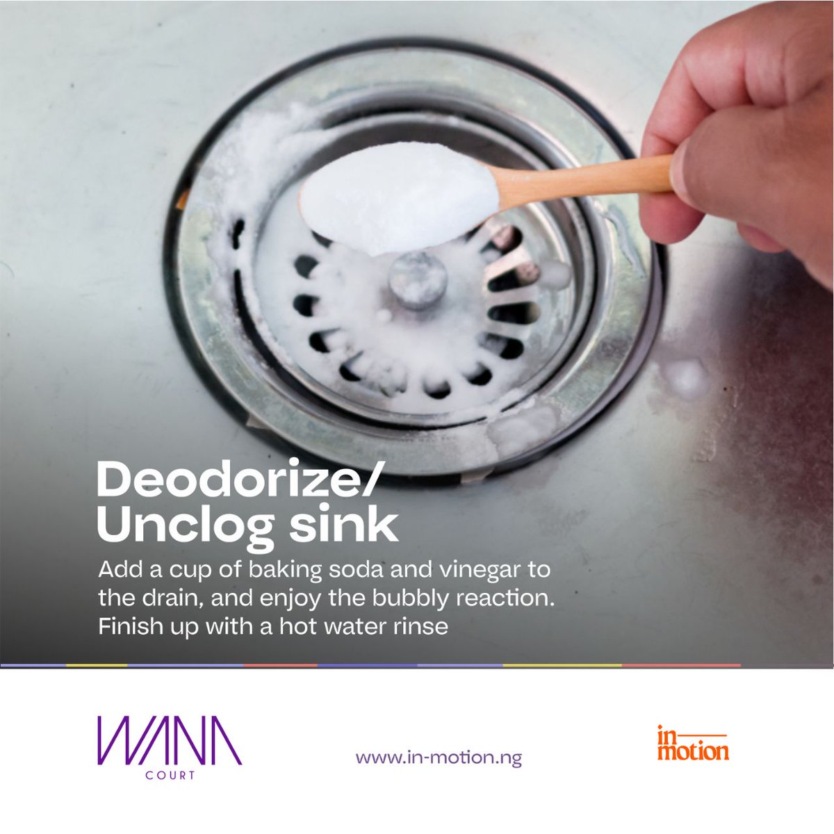 Wanacourt's tweet photo. Deodorize/Unclog sink - Add a cup of baking soda and vinegar to the drain, and enjoy 
the bubbly reaction. Finish up with a hot water rinse. https://t.co/ZrymspaIvD