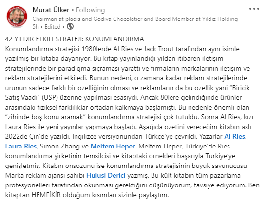 Sayın Murat Ülker, “21. Yüzyılda Konumlandırma” kitabımızın harika bir özetini (11 dakikalık okuma) yayınlamış.
Çin’den sonra ilk defa Türkiye’de basılan kitabın yazarları olarak, oldukça emek verdiği bu özet ve tavsiyesi için çok teşekkür ederiz.
linkedin.com/pulse/%25C3%25…