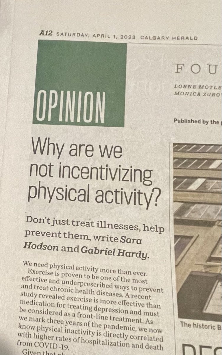 Support this call in @calgaryherald on incentivizing physical activity. @uofcknes @OBrien_IPH @csep_scpe we produce evidence to inform the public on the value of movement, we produce guideline’s and recommendations related to exercise dose needed for health benefits @EIM_Canada