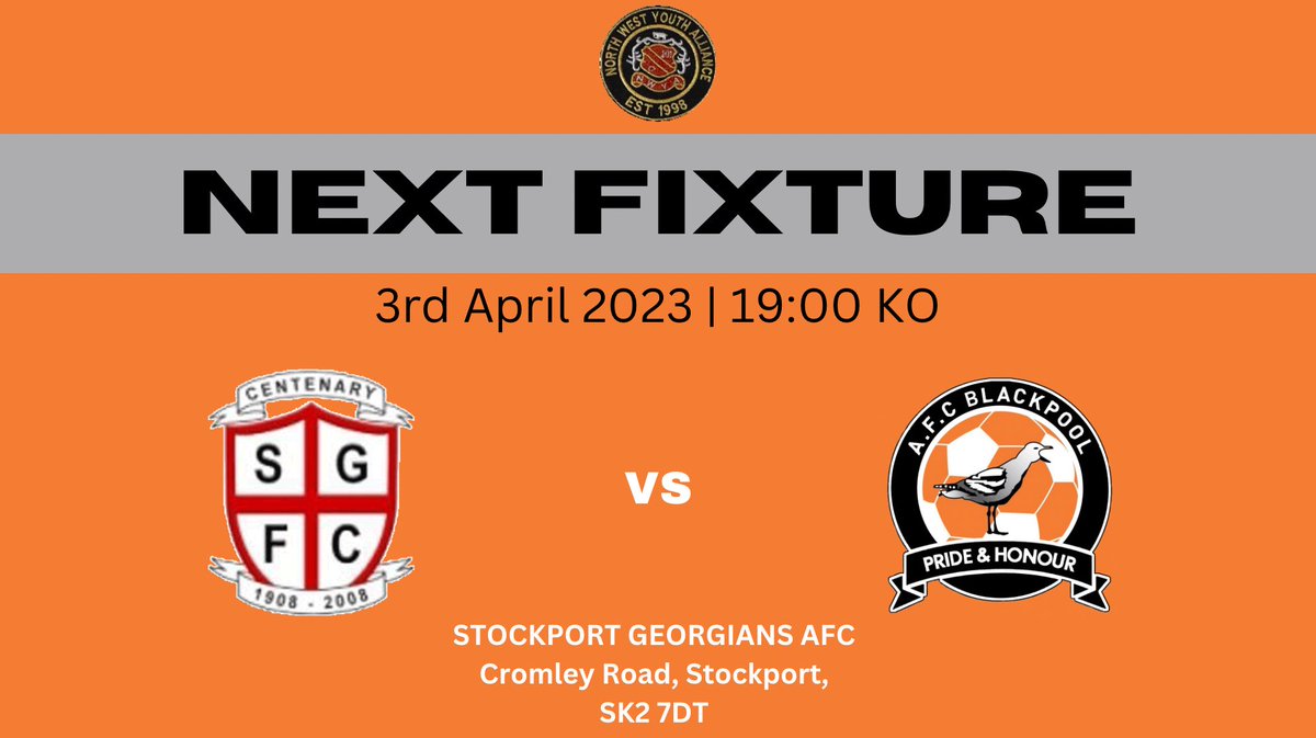 ⚽️ | NEXT UP
🗣 | "Semi final of the Presidents Cup"
📆 | Monday 3rd April 2023
🆚️ | <a href="/officialSGFC/">Stockport Georgians FC</a>
🕢 | 19:00
🏆 | <a href="/northwestyouth2/">NORTH WEST YOUTH ALLIANCE</a>
📍 | Cromley Road, Stockport, SK2 7DT
🧡 | #upthemechs