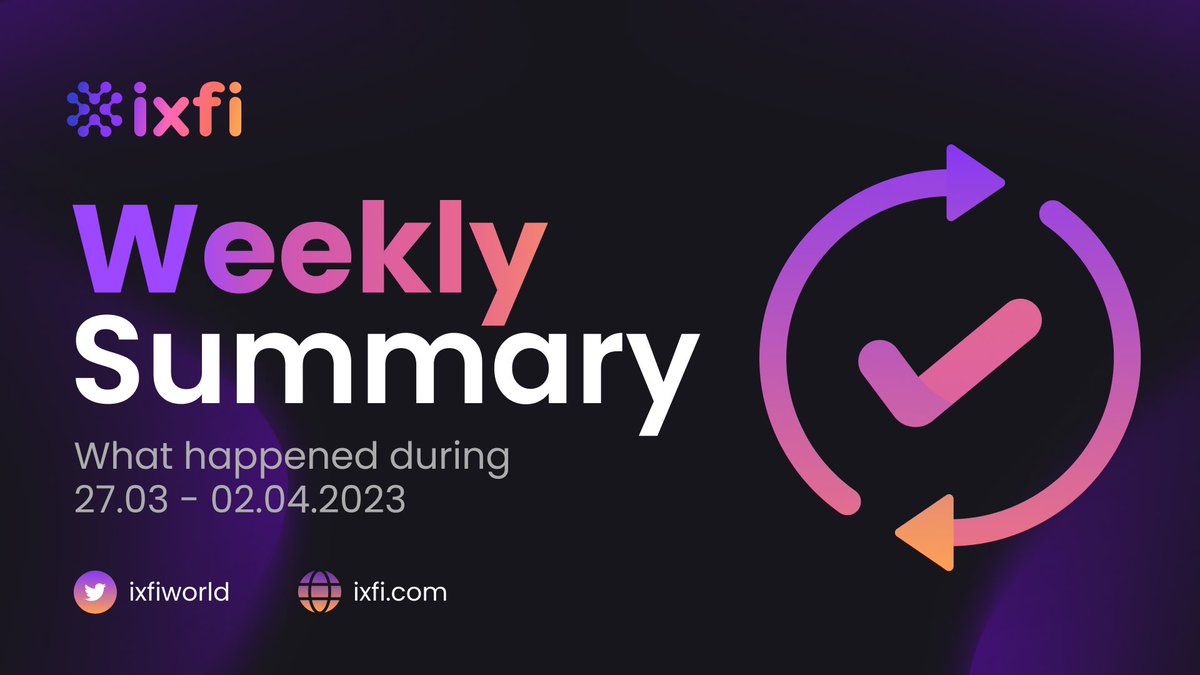 🗓 Weekly summary 27.03-02.04.2023 ✅ Featured in @BTCTN - #ixfi became the largest Buy Crypto platform in the world ✅ Featured in multiple publications such as #Bloomberg, Yahoo Finance, and Business Insider ✅ @payfura integration for buying #crypto ✅ @swipelux integration