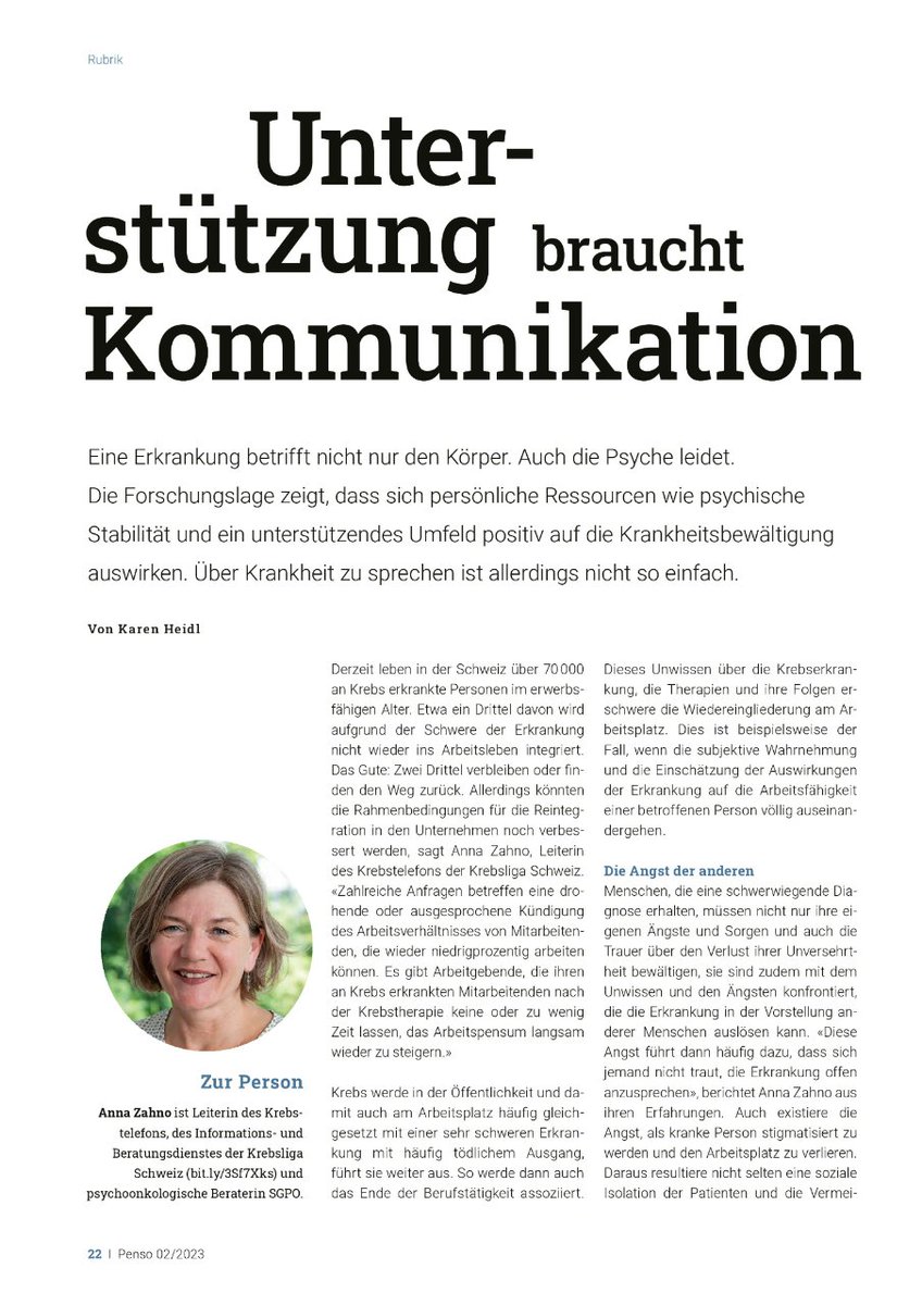 krebsliga's tweet image. #Lesetipp: Anna Zahno, unsere Leiterin des Krebstelefons hat der Zeitschrift Penso Auskunft gegeben zu Krebs und Arbeit. 
Eine Erkrankung betrifft nicht nur den Körper. Auch die Psyche leidet... 

#penso #krebstelefon #beratung #gemeinsamgegenkrebs