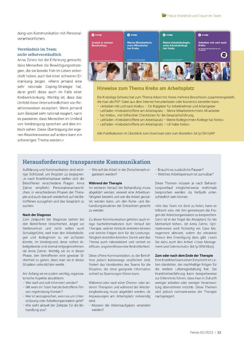 krebsliga's tweet image. #Lesetipp: Anna Zahno, unsere Leiterin des Krebstelefons hat der Zeitschrift Penso Auskunft gegeben zu Krebs und Arbeit. 
Eine Erkrankung betrifft nicht nur den Körper. Auch die Psyche leidet... 

#penso #krebstelefon #beratung #gemeinsamgegenkrebs