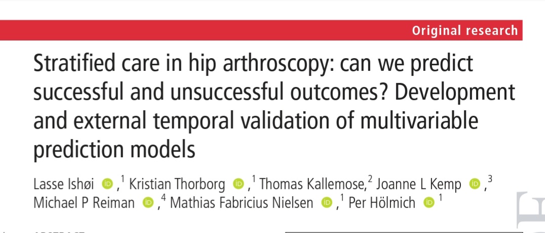 LasseIshoei's tweet photo. 🚨 New @SORC_C paper in @BJSM_BMJ 🚨
How do we improve outcomes in hip arthroscopy? Maybe by identifying patients who end up with poor outcomes 🎯 Read our initial attempt on developing and validating clinical prediction models for hip arthroscopy 👇https://t.co/QyteU4eBw8 https://t.co/0KOxdhKYwX