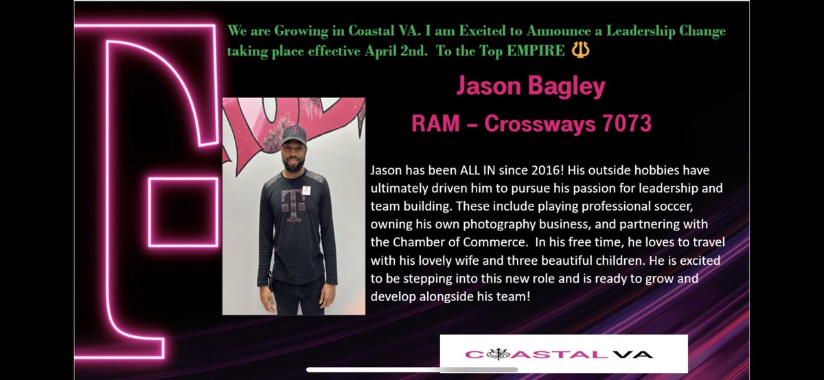 Did you think we were done yet?? Coastal VA has ANOTHER leadership promotion to announce! Jason will be  joining Team Crossways and we are so excited to welcome him to our leadership Team! 🎉🔥