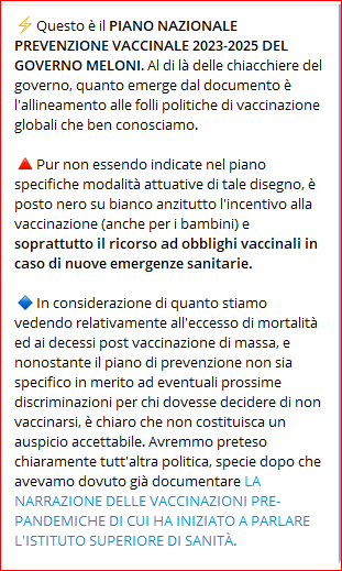 OlivierSolaro's tweet photo. anche la Meloni ha tradito gli italiani

OBBLIGHI VACCINALI FUTURI PREVISTI PER SANITÀ E SCUOLA. 
ECCOVI IL PIANO NAZIONALE PREVENZIONE VACCINALE 2023-2025 DEL GOVERNO MELONI. https://t.co/845vJ6DAsE